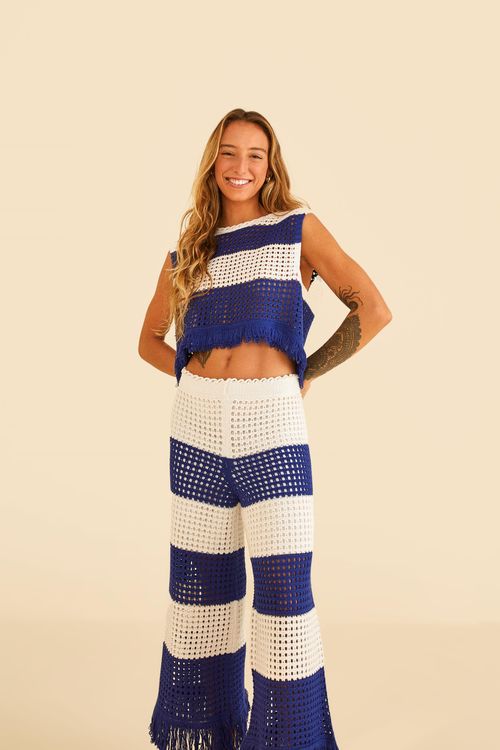 Pantalón Tricot a Rayas Con Franja