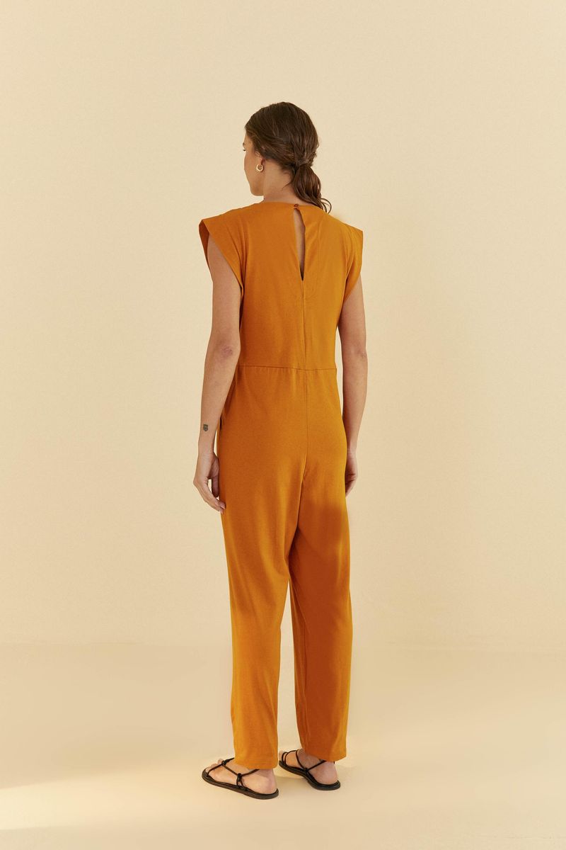 Detalle de la cintura del enterito cropped naranja.