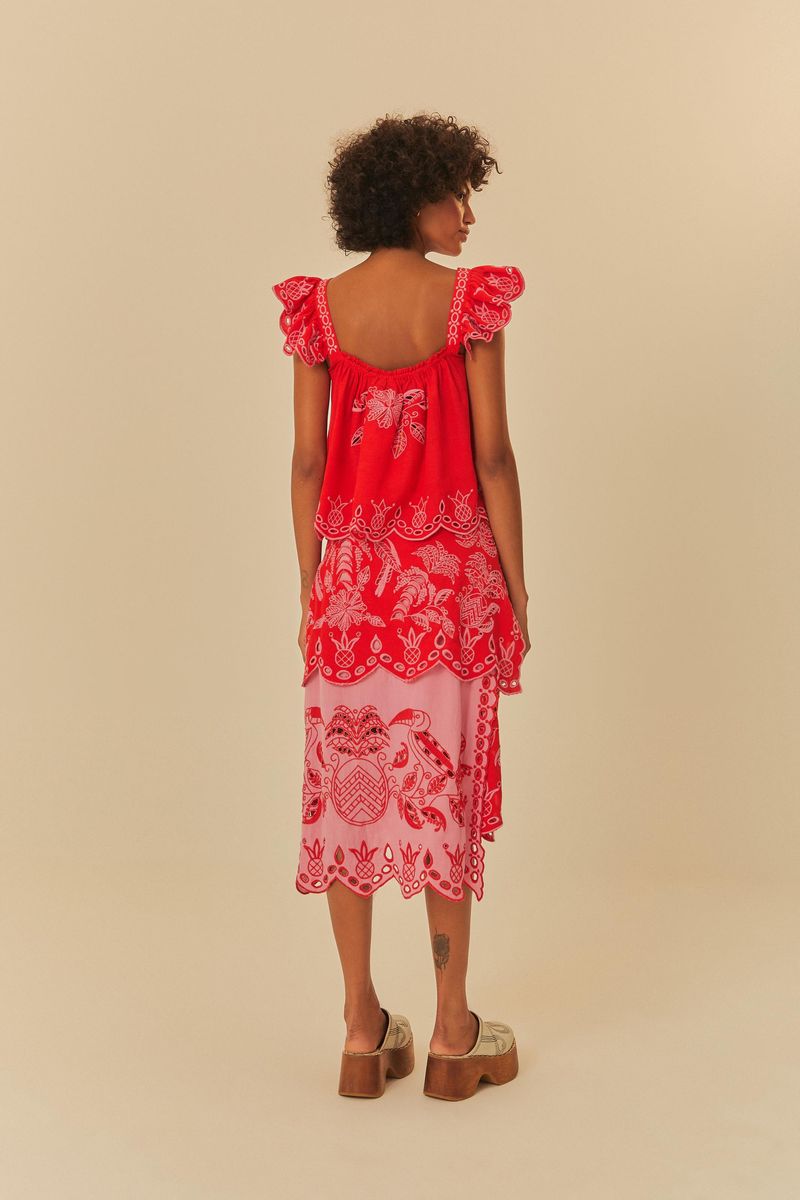 Vista trasera de la falda midi bordada Kauai, destacando los bordados y el diseño elegante.