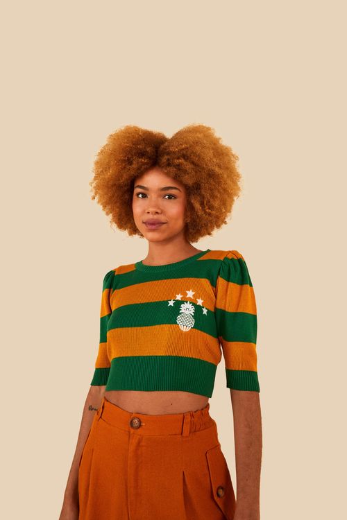 Blusa Cropped Manga Tricot Brasil