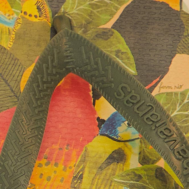 Primer-plano-del-diseño-tropical-de-las-sandalias-Havaianas-Foliaje-de-Pajaro-con-follaje-y-pajaros.