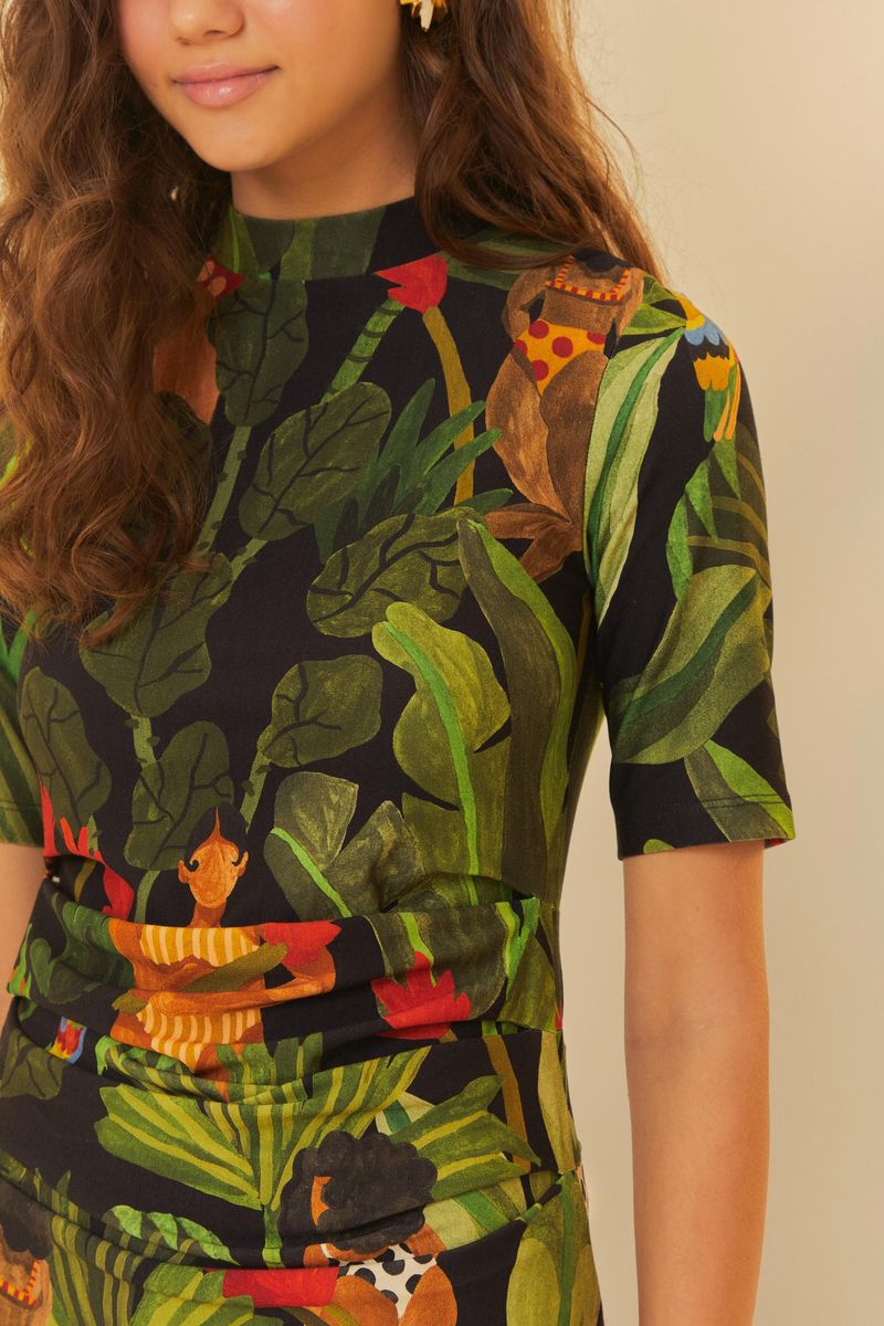 Imagen detallada del estampado tropical del enterizo corto Belleza Tropical.