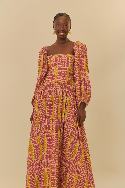 Vestido Pregas Bananeira Tipografica