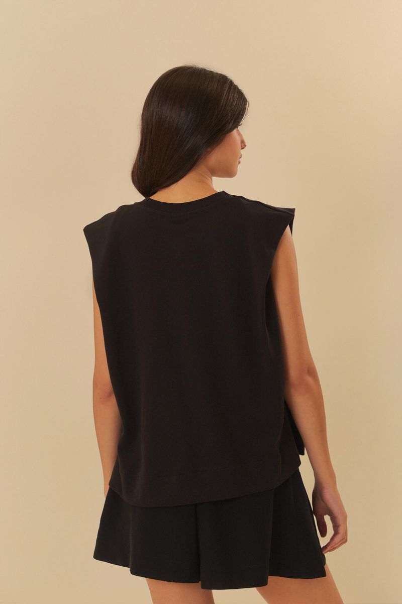 Vista lateral de la camiseta negra con tejido rib.