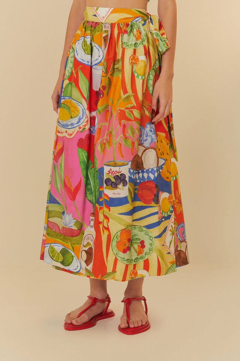 Close-up-del-estampado-tropical-de-la-falda-Mesa-Fresca.