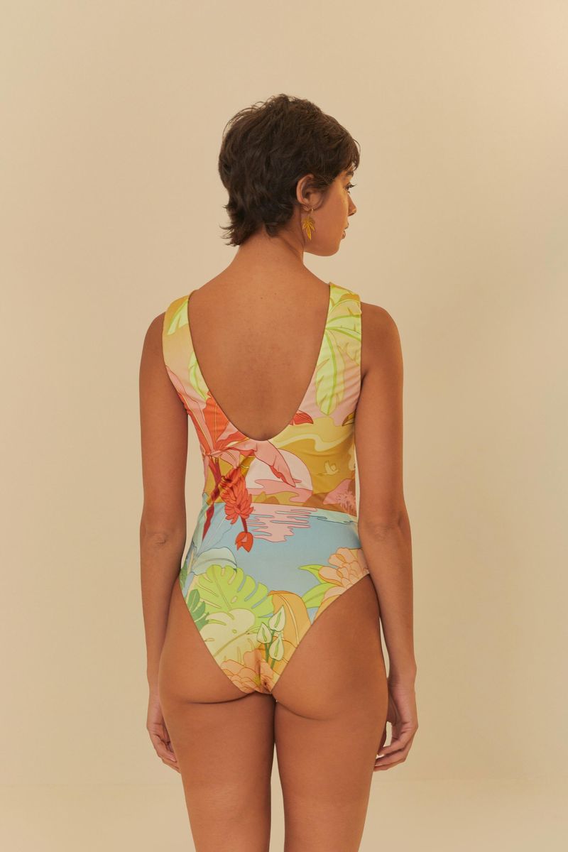 Vista trasera del Body Luau Das Onças con estampado de onza y follaje.