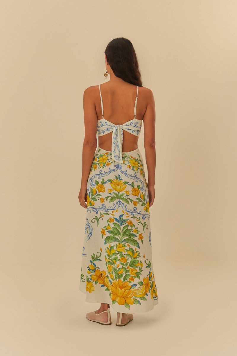 Vista trasera del Vestido Cropped Sicilia, mostrando detalles de las tirantes y el estampado.