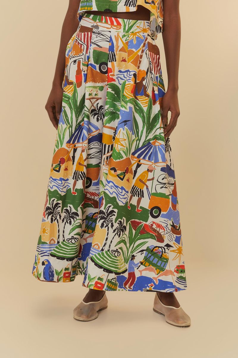 Imagen de un pantalón largo estampado con diseño tropical, vista trasera.