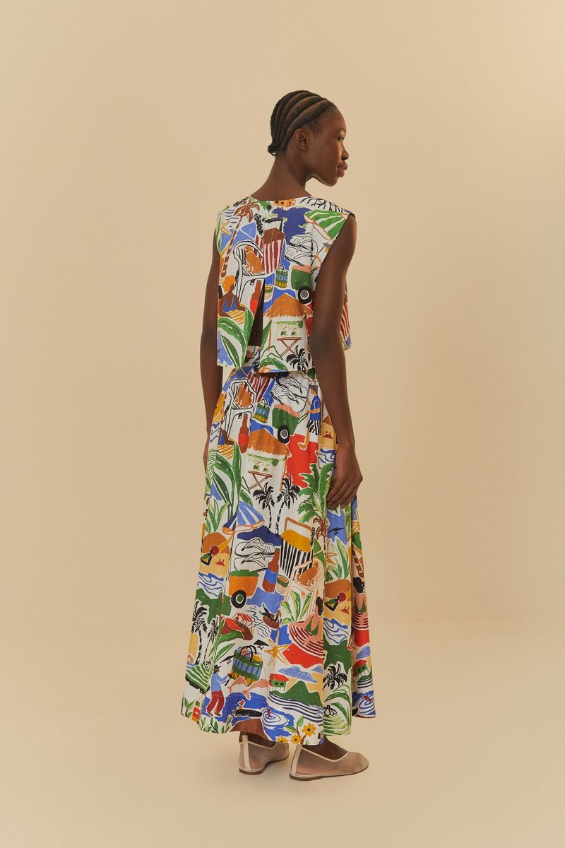 Imagen de un pantalón largo estampado con diseño tropical, detalle de la cintura.