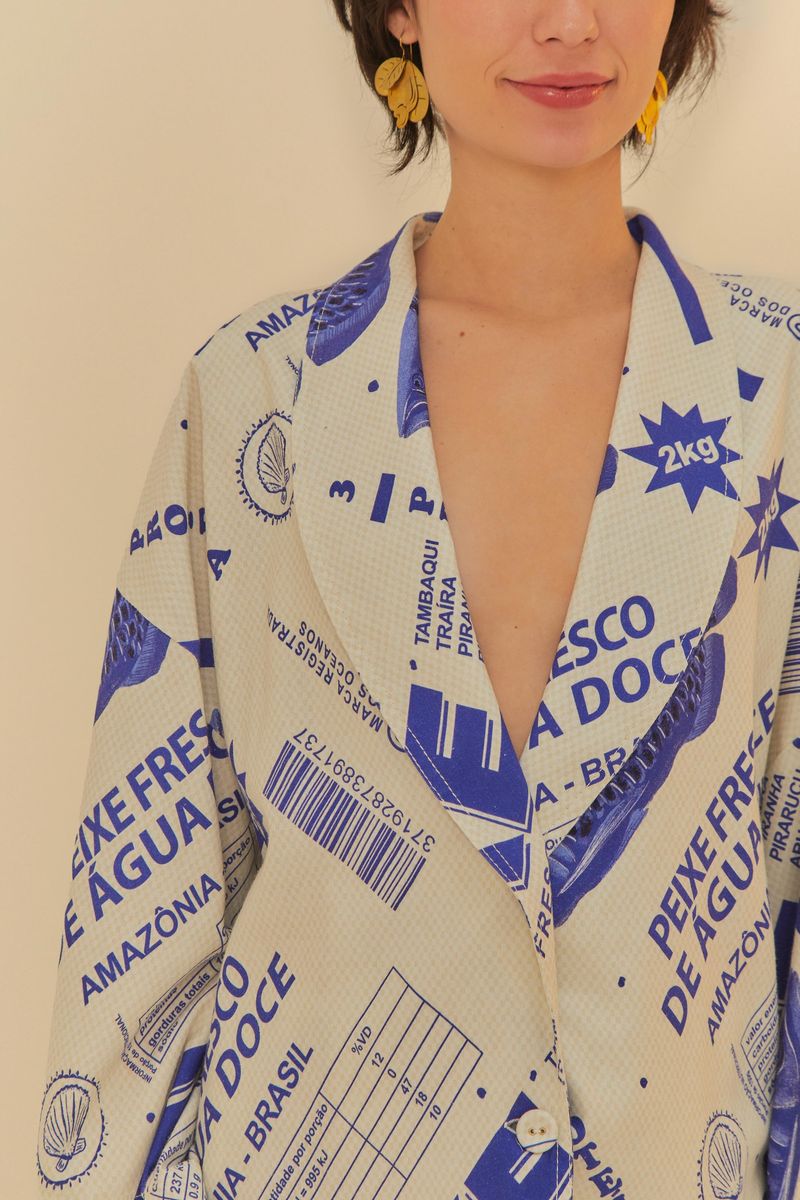 Blazer con estampado temático de pez fresco, vista lateral.