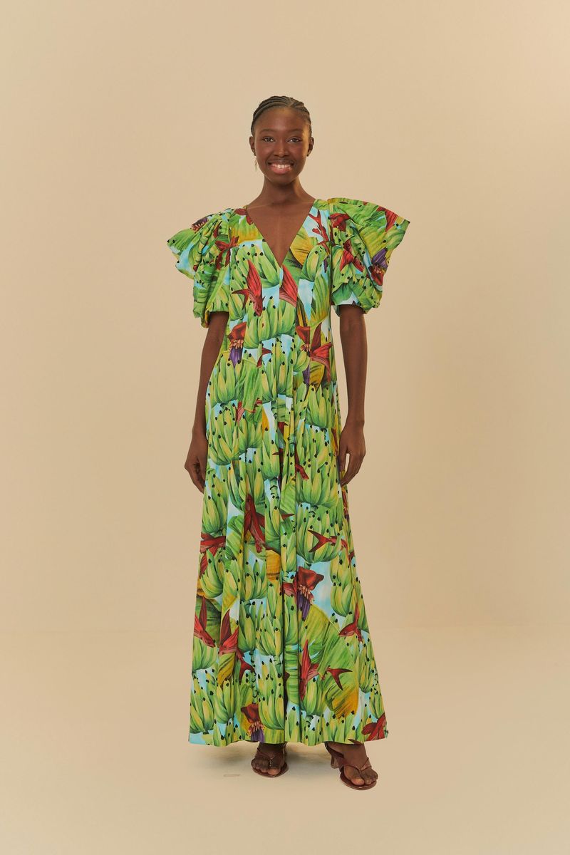 Vestido midi con estampado tropical de plátanos y flores, con mangas voluminosas y escote en V.