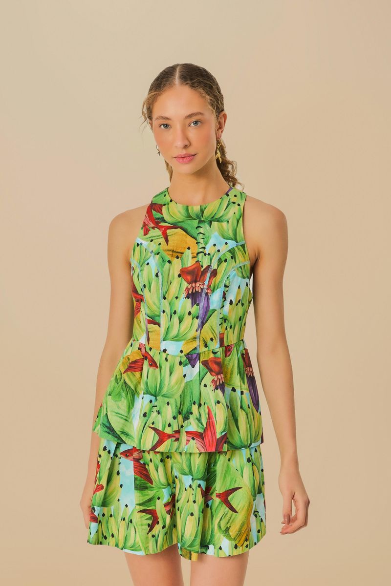 Blusa Banana Pingo vista frontal con estampado tropical de bananas y follaje.