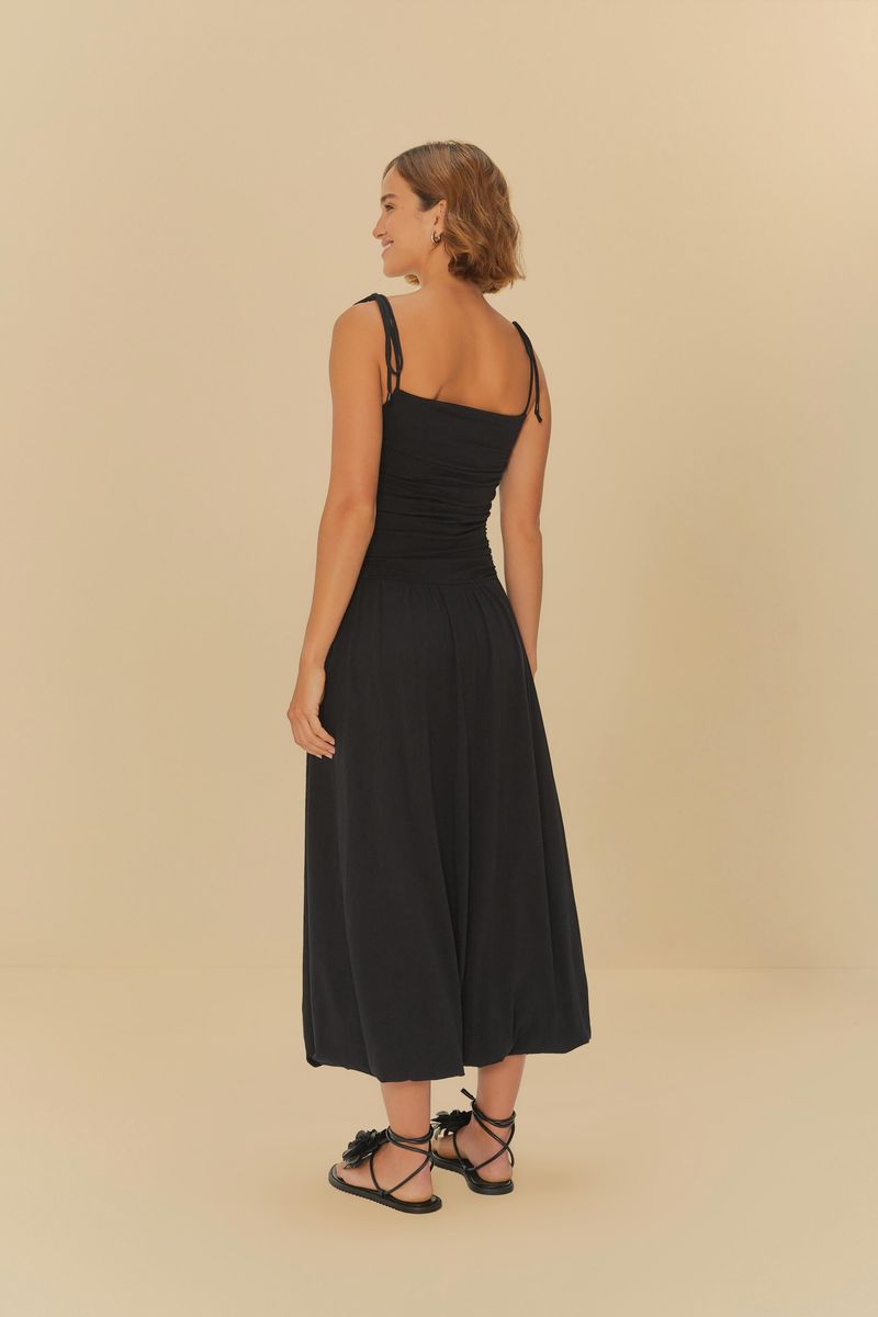 Imagen de un vestido negro con tirantes ajustables y diseño fruncido, mostrando detalles de los tirantes.