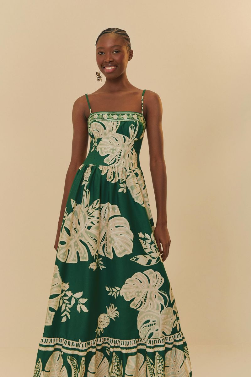 Vestido-largo-verde-oscuro-con-estampado-botanico-y-tirantes-finos-visto-de-frente.