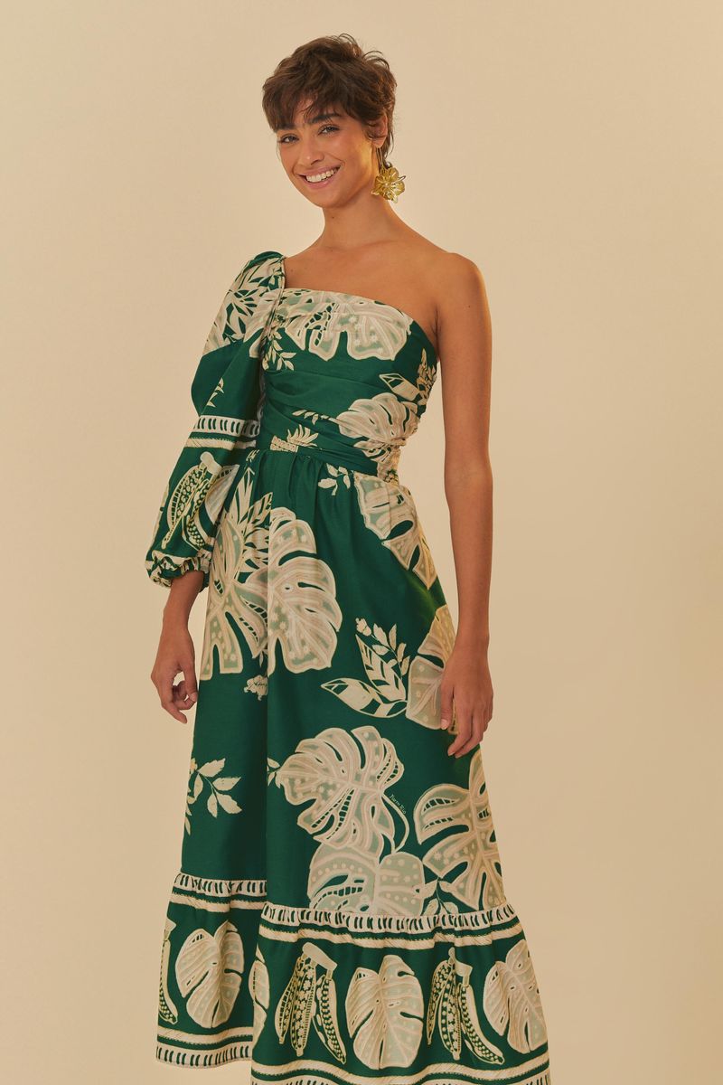 Vestido-de-un-hombro-solo-con-estampado-botanico-en-verde-oscuro-vista-frontal.