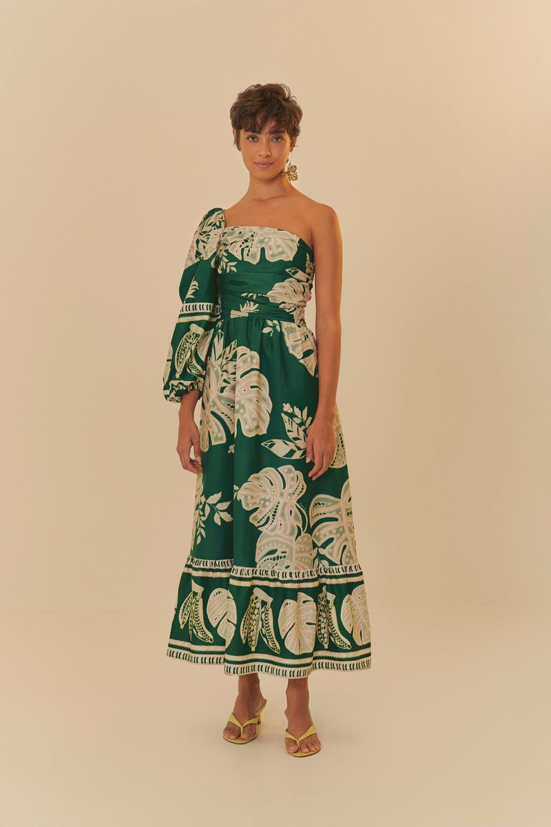 Modelo-usando-vestido-de-un-hombro-solo-con-estampado-botanico-vista-frontal-completa.
