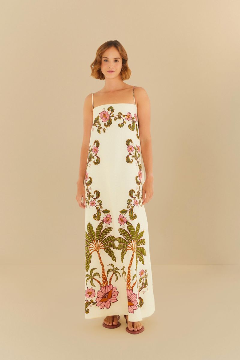 Vestido largo con estampado tropical, tirantes finos y escote recto, mostrado en vista frontal.