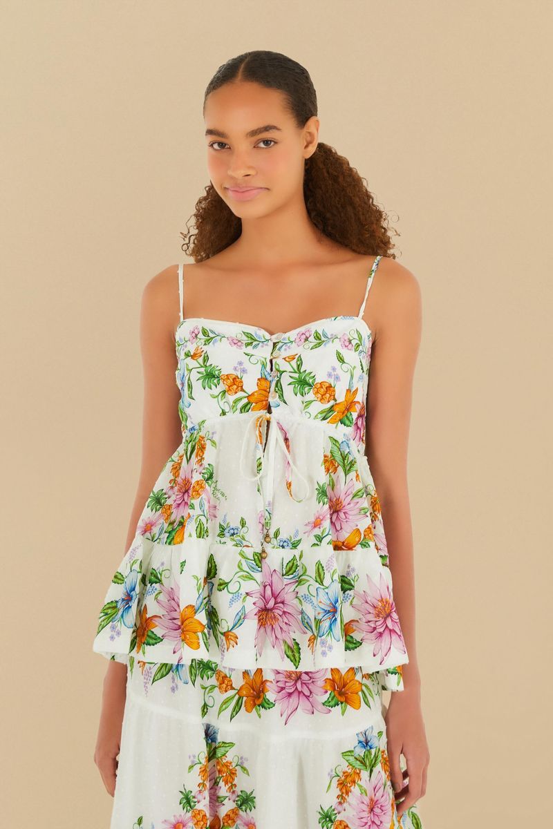 Blusa con tirantes finos y estampado floral y de frutas, vista frontal.