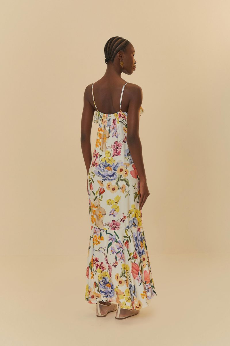 Vista trasera del vestido largo floral con tirantes finos