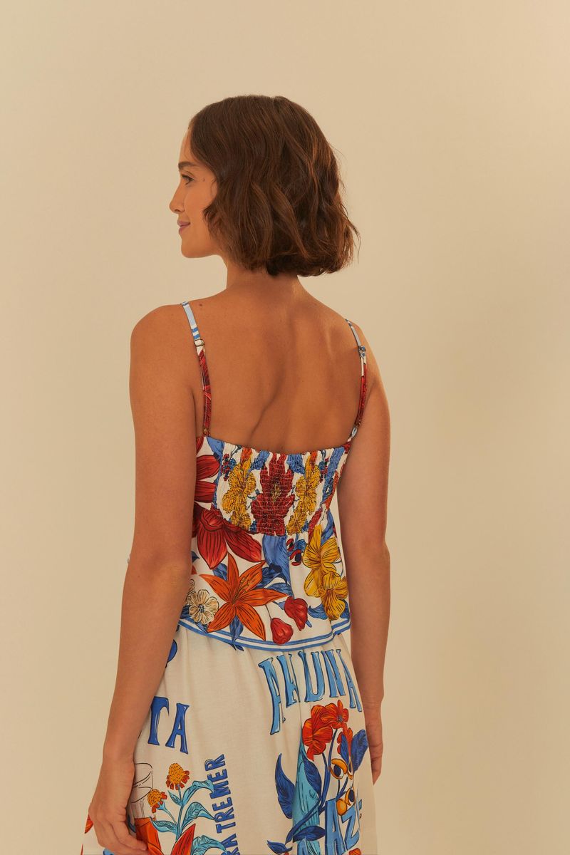 Vista trasera de la Blusa Floral Ararajuba mostrando tirantes delgados y estampado continuo.