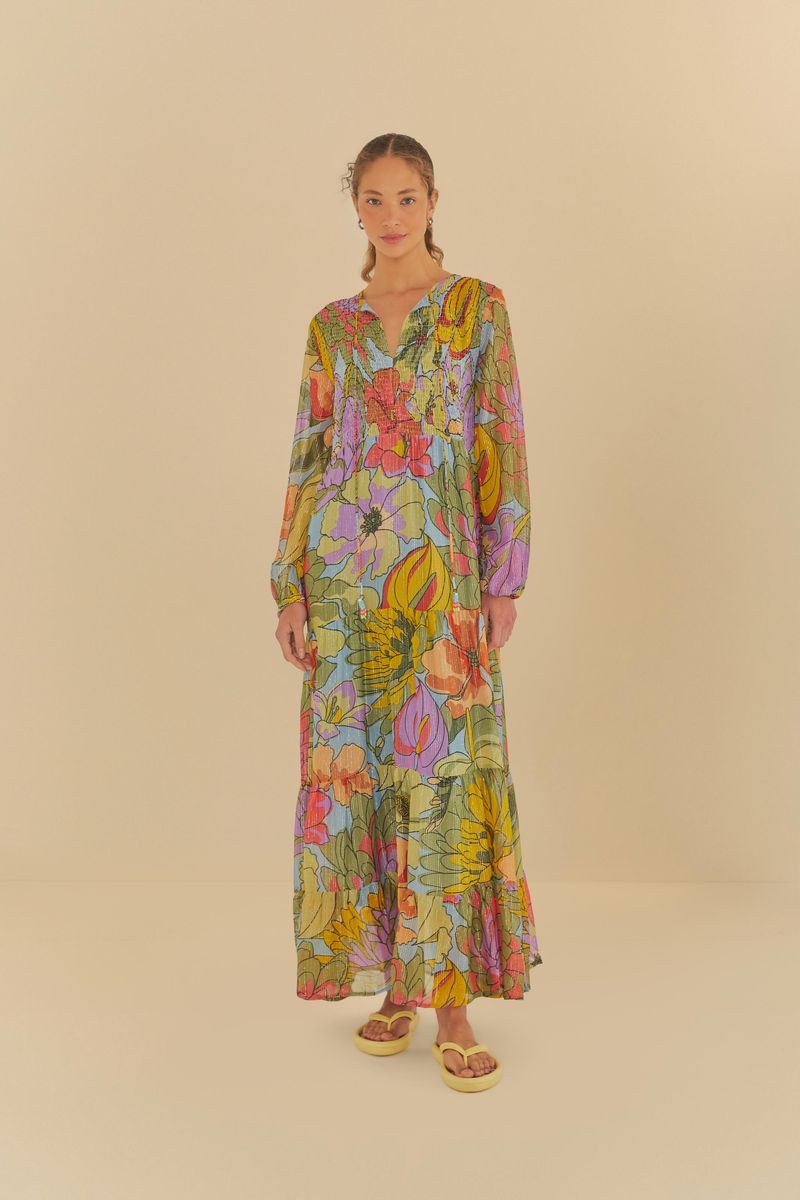 Vista frontal completa de un vestido largo floral con colores vibrantes.