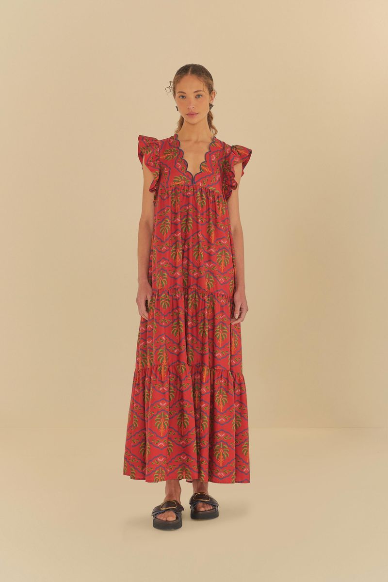 Vestido largo estampado con bordado, vista frontal completa.