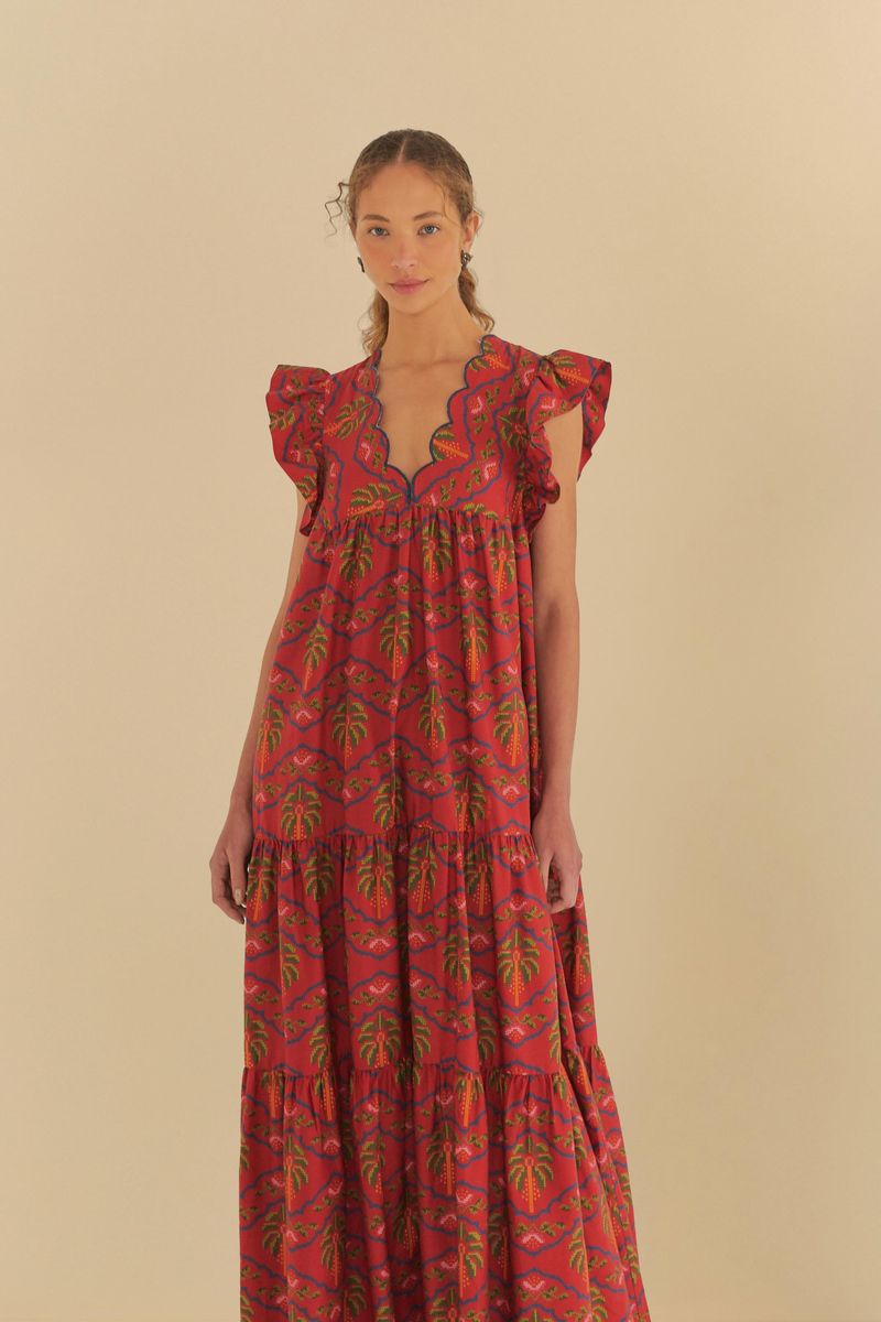 Vestido largo estampado con bordado, vista frontal detallada.