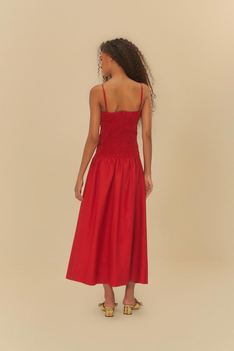 Imagen de un vestido rojo con fruncidos en la parte superior y tirantes delgados, visto desde atrás.