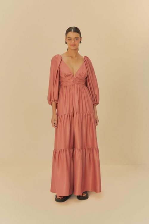 Vestido Longo Cetim Mangas