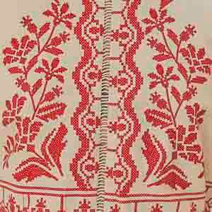 Detalle-del-bordado-tropical-en-rojo-en-el-tejido-del-vestido.