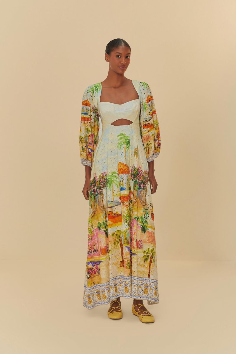 Vestido con estampado, mangas abombadas y escote cuadrado, mostrado en vista frontal.