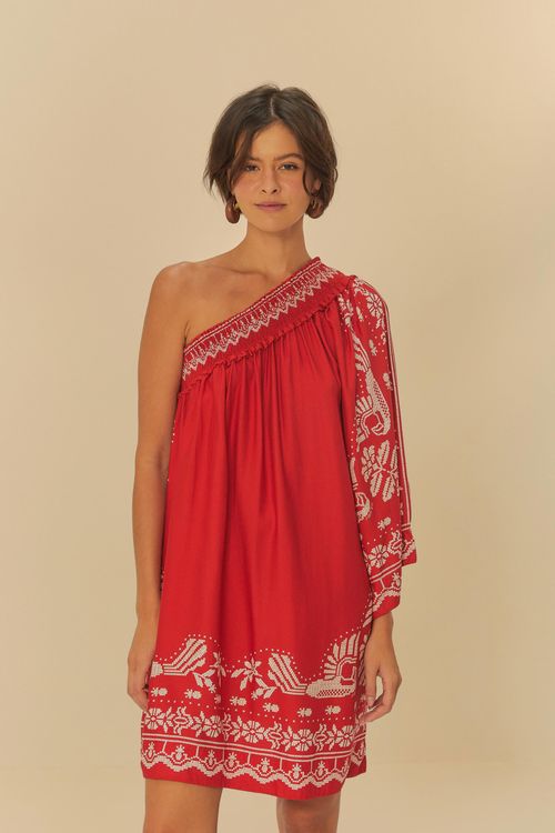 Vestido Corto Una Sola Manga Bordado Tropical