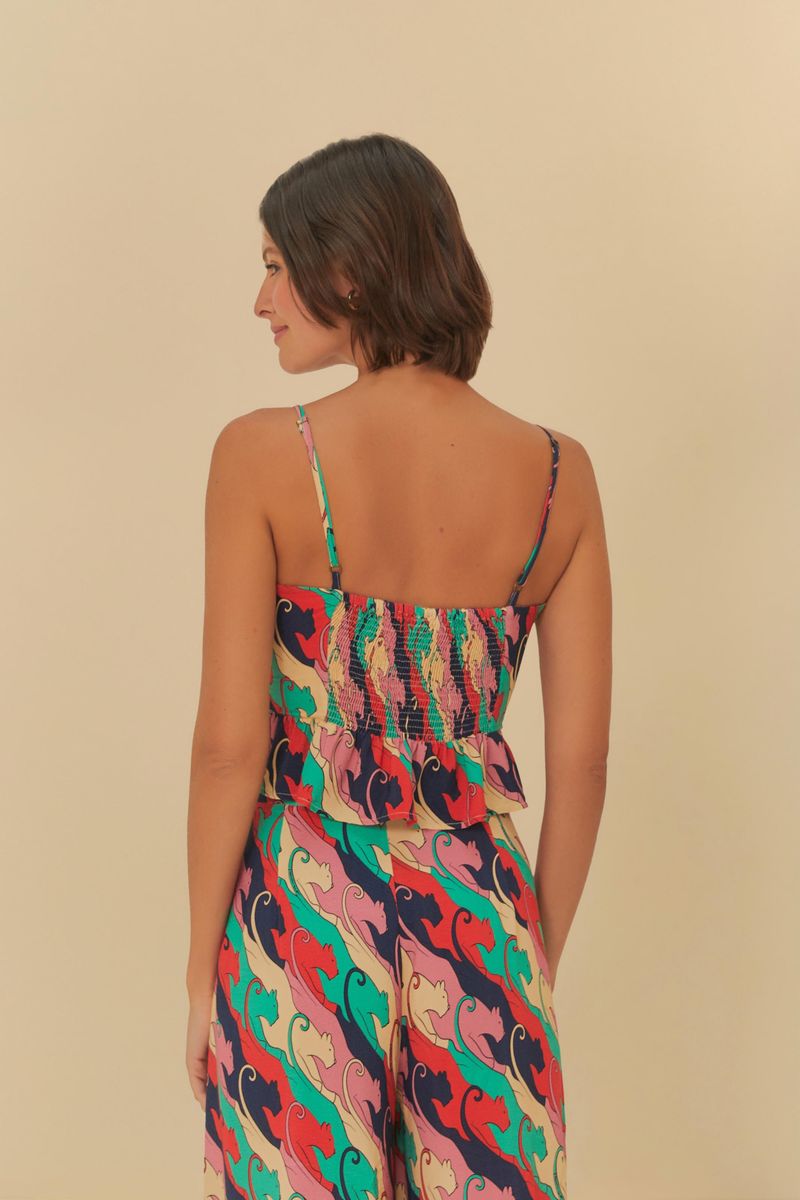 Imagen de una blusa estampada con panteras en colores vibrantes, vista posterior.