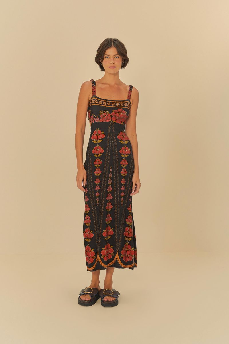Imagen frontal del Vestido Midi Madalena con estampado floral sobre fondo negro.