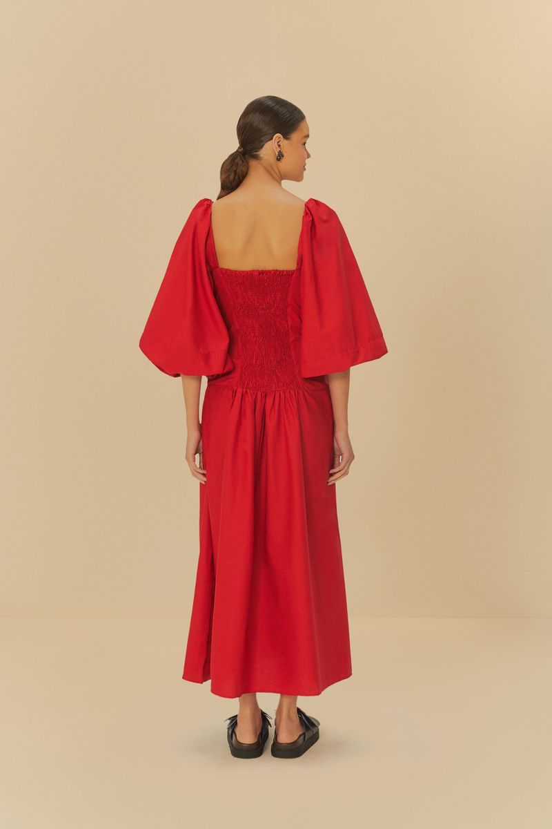 Vista trasera del vestido corto rojo con mangas abullonadas y detalle de elástico en la espalda.