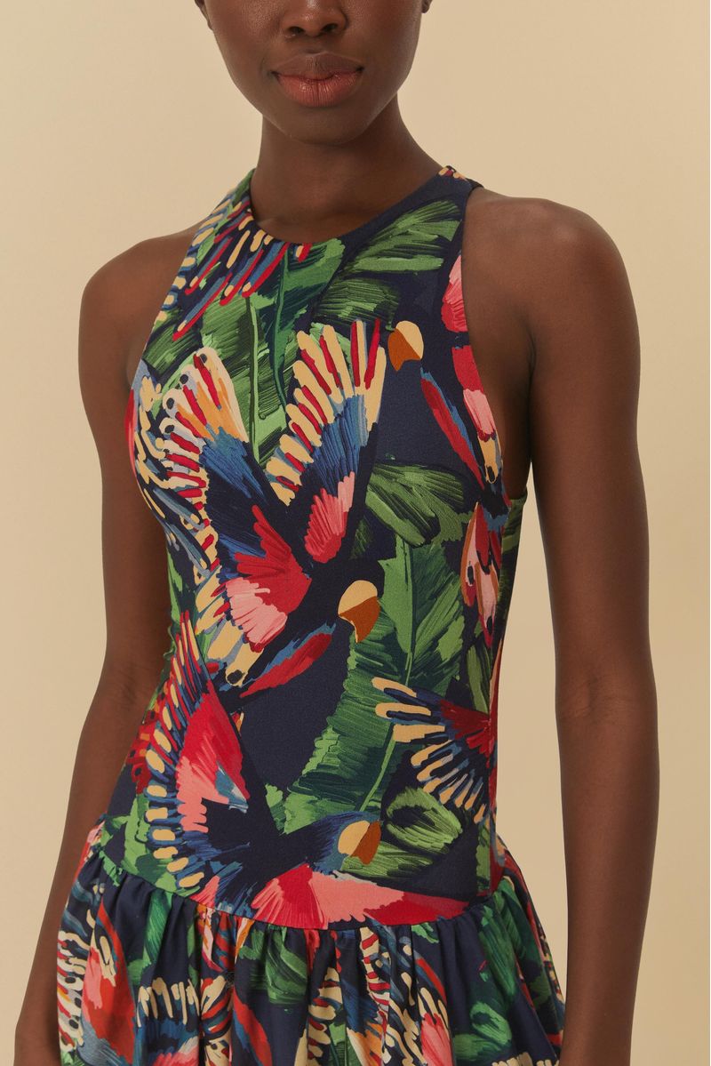 Detalle-del-cuerpo-del-vestido-midi-estampado-con-diseño-de-pajaros-y-hojas-mostrando-el-escote-alto-y-el-estampado-vibrante.