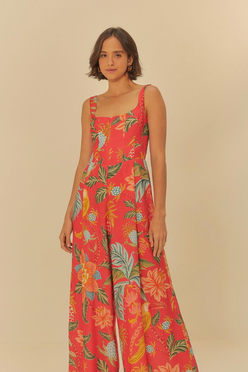 Macacón Corsé Amalfi con estampado tropical vibrante, vista frontal.