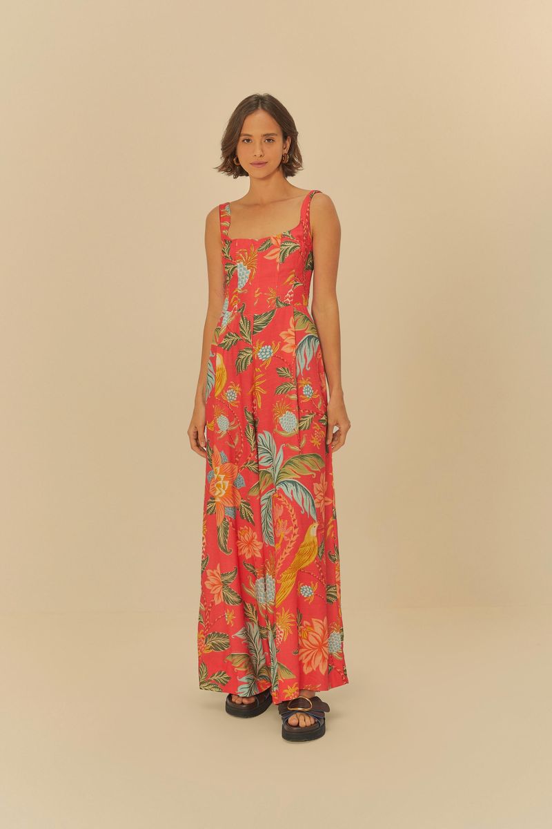 Macacón Corsé Amalfi con estampado tropical vibrante, vista completa.