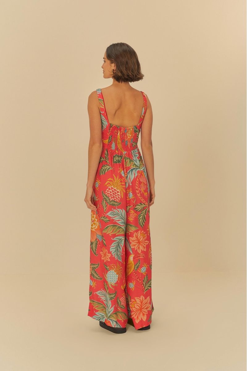 Vista trasera del Macacón Corsé Amalfi con estampado tropical vibrante.