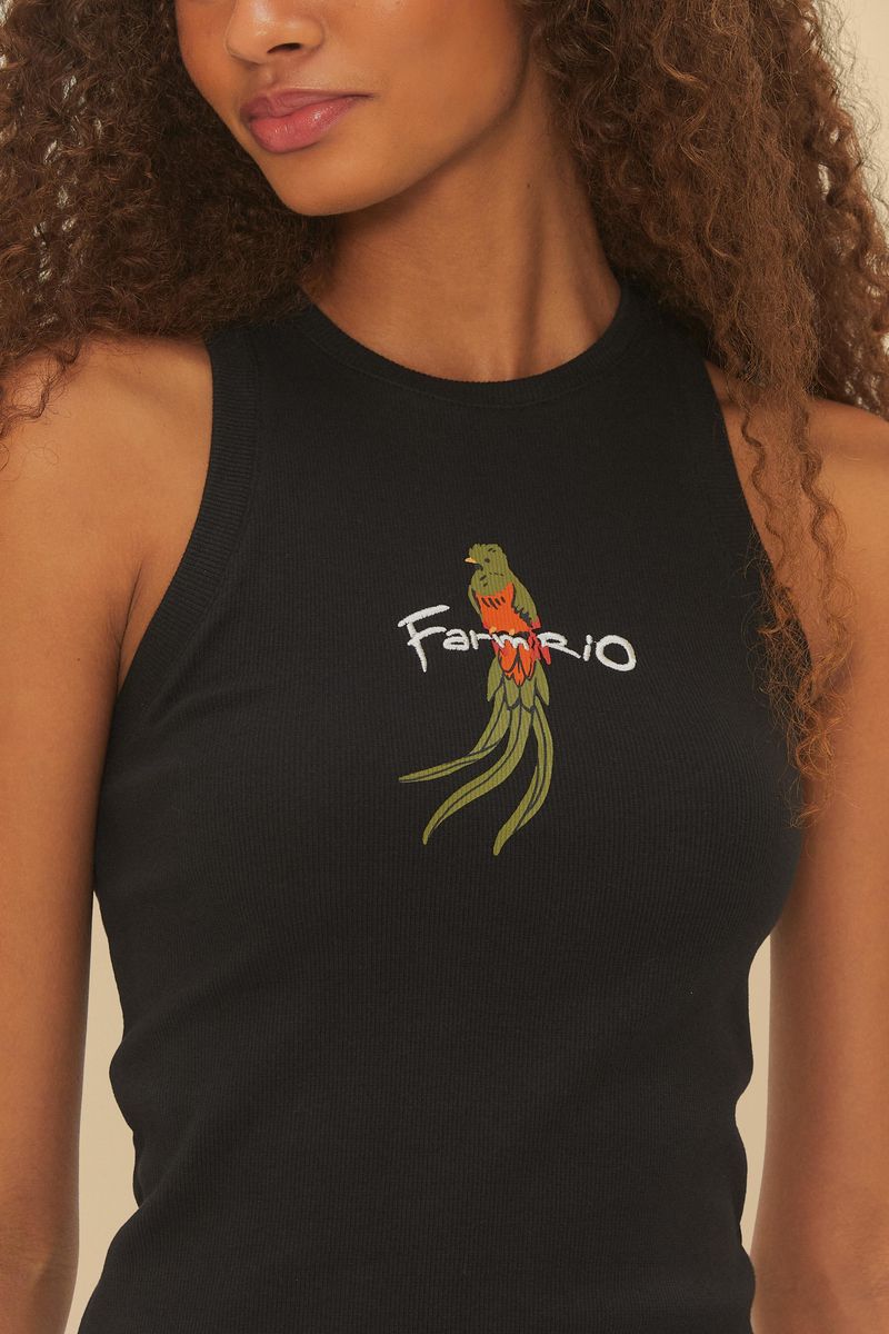 Detalle de la estampado de pimientos y logotipo Farm Rio en el vestido negro.