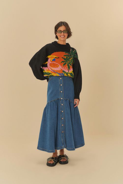 Saia Jeans Midi Recorte Botões