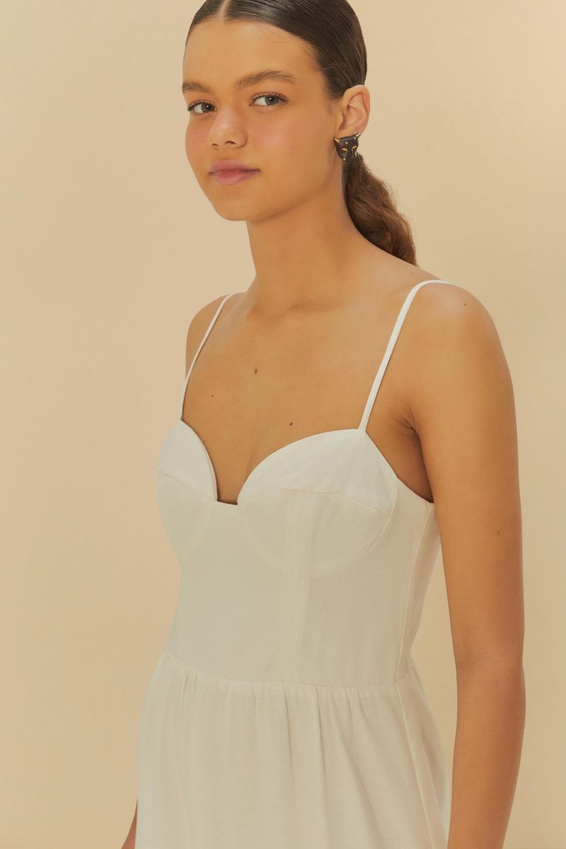 Detalle del escote redondo y tirantes del vestido blanco.