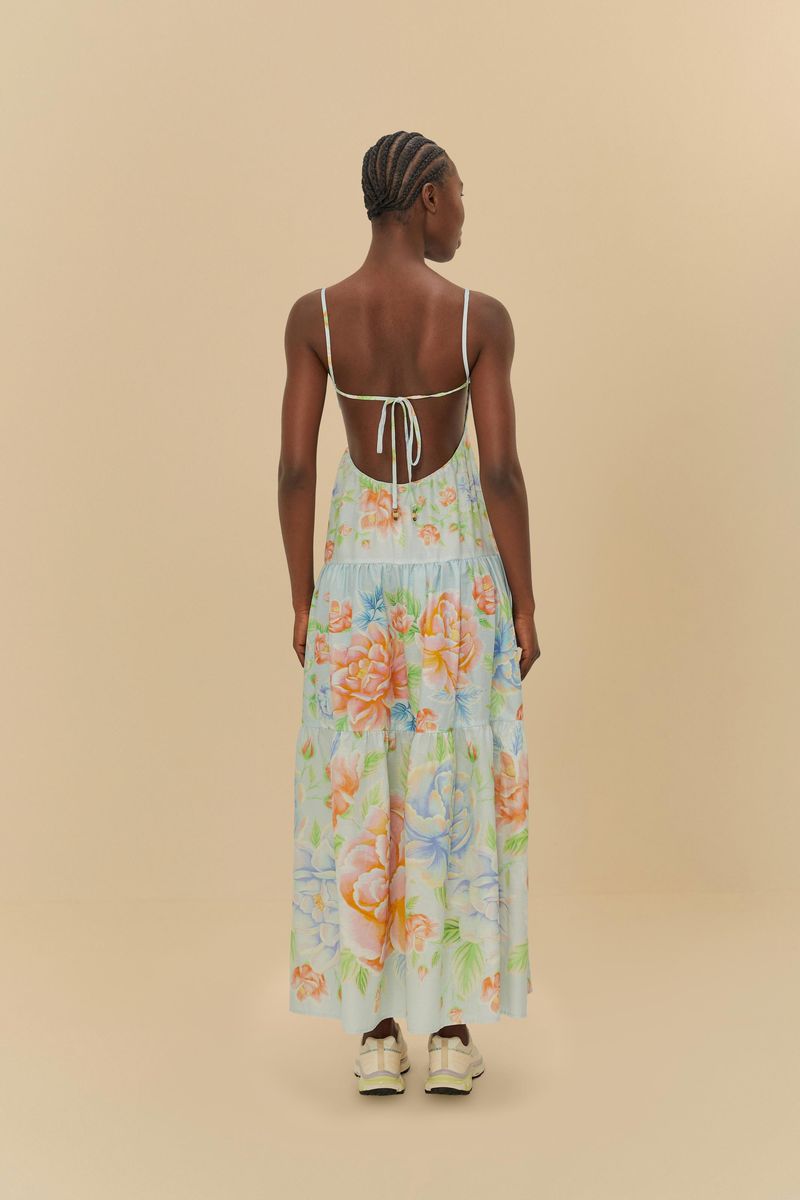 Vestido floral con tiras finas, largo por debajo de la rodilla y diseño vibrante, visto de espaldas.