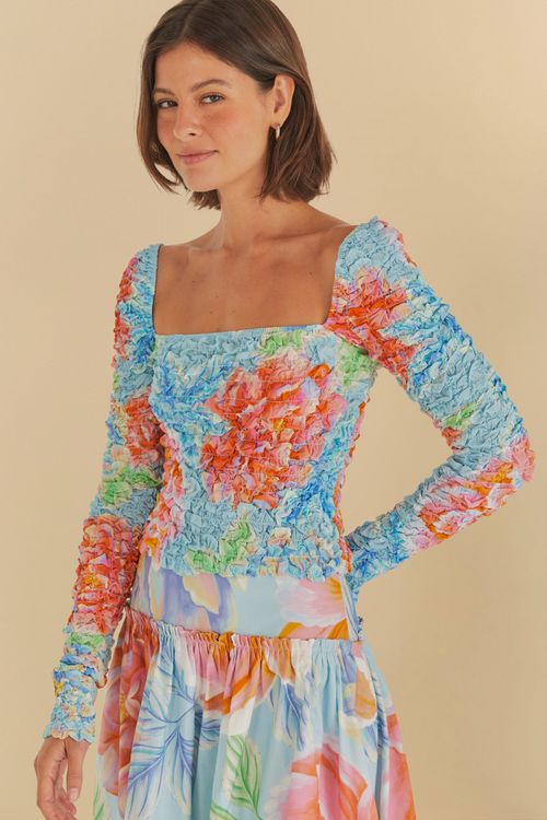 Blusa Lastex Mangas Floral Sofia