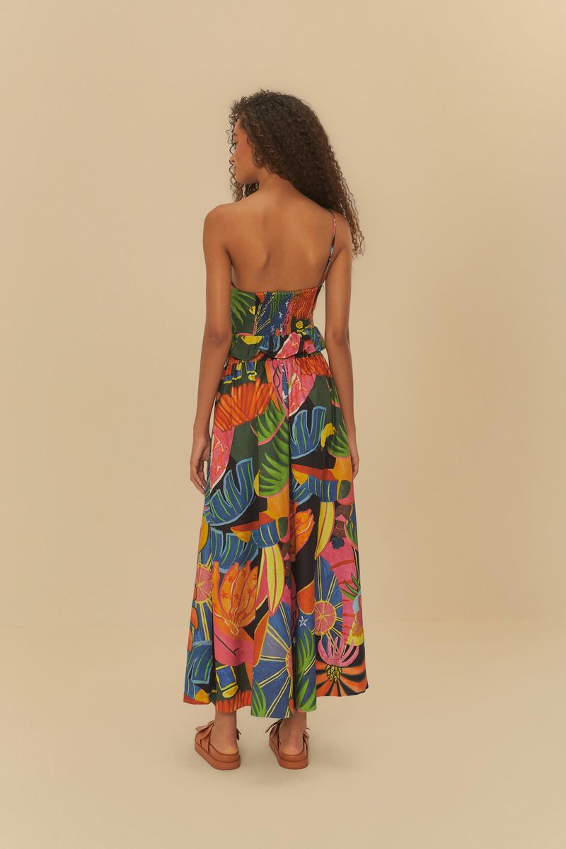 Saia cropped fantasía con estampado tropical vibrante, vista trasera.