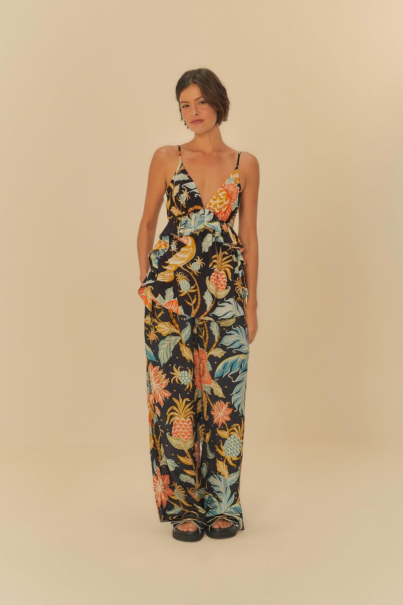 Blusa Amalfi con estampado tropical vibrante, vista trasera.
