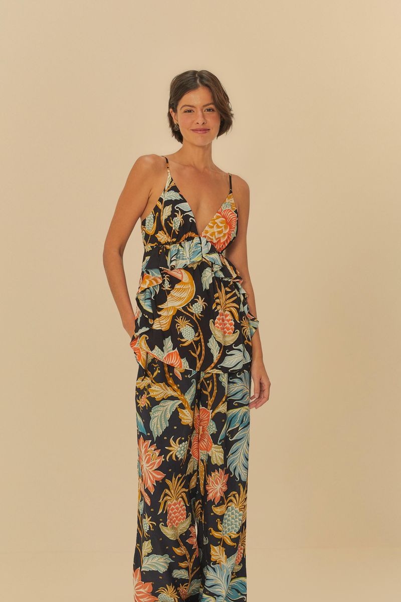 Pantalón Palazzo Amalfi con estampado tropical visto de lado.