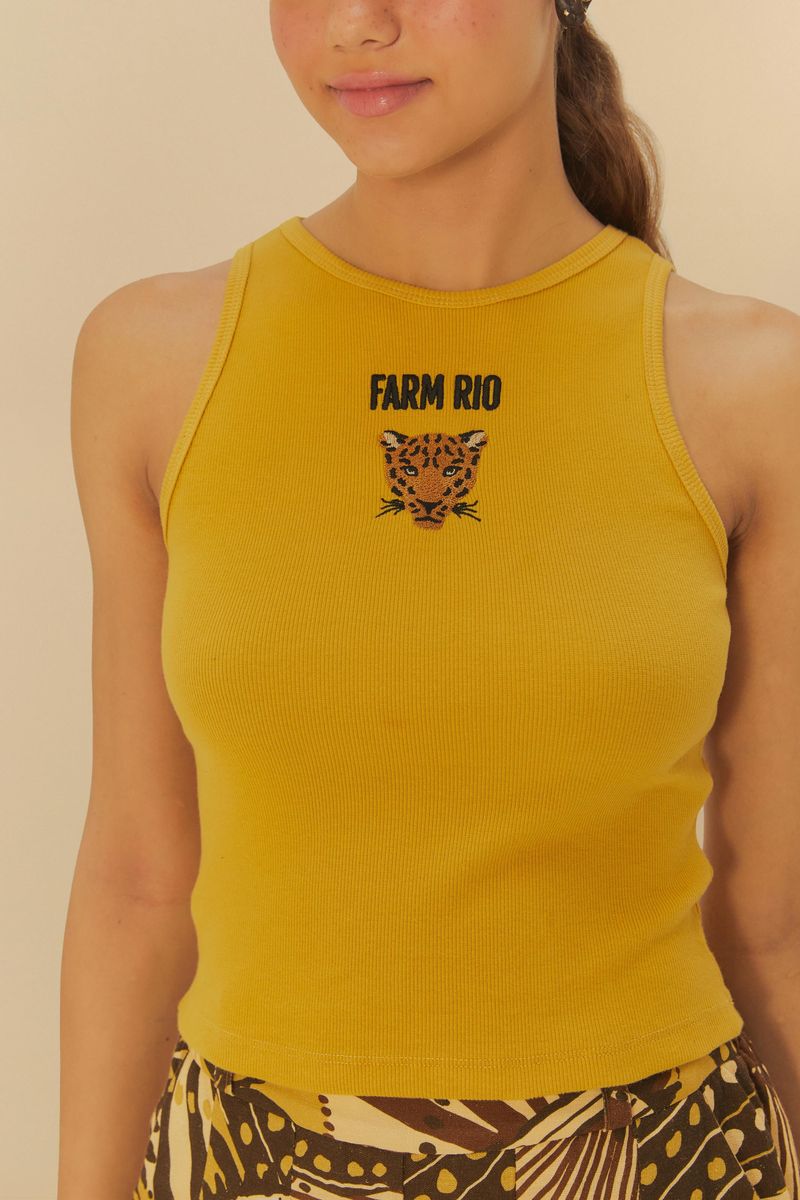 Detalle del estampado de pájaro en la Regata Farm Rio Pássaro amarilla.