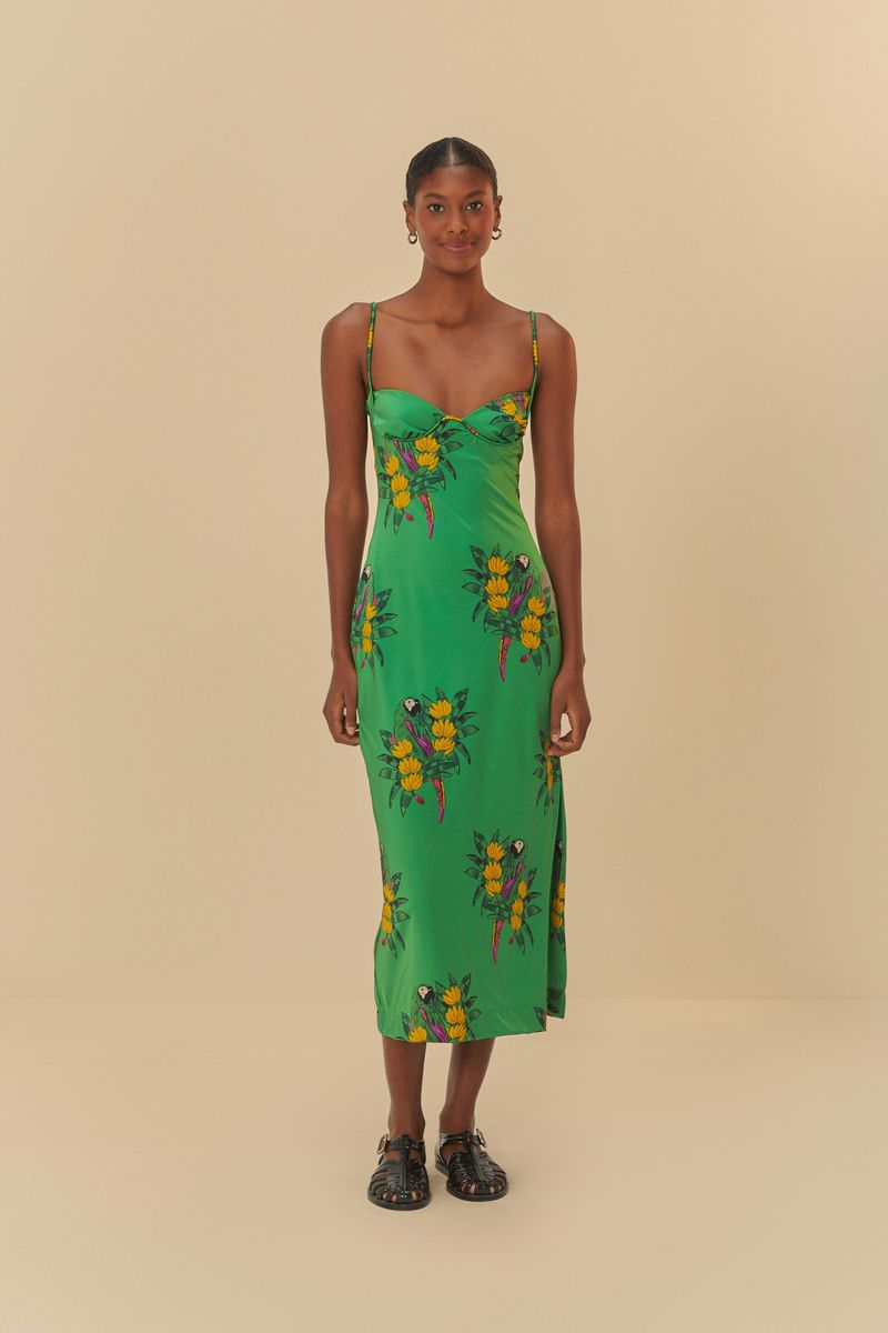 Vista frontal de la Falda Midi Rio Maracana con estampado tropical vibrante.