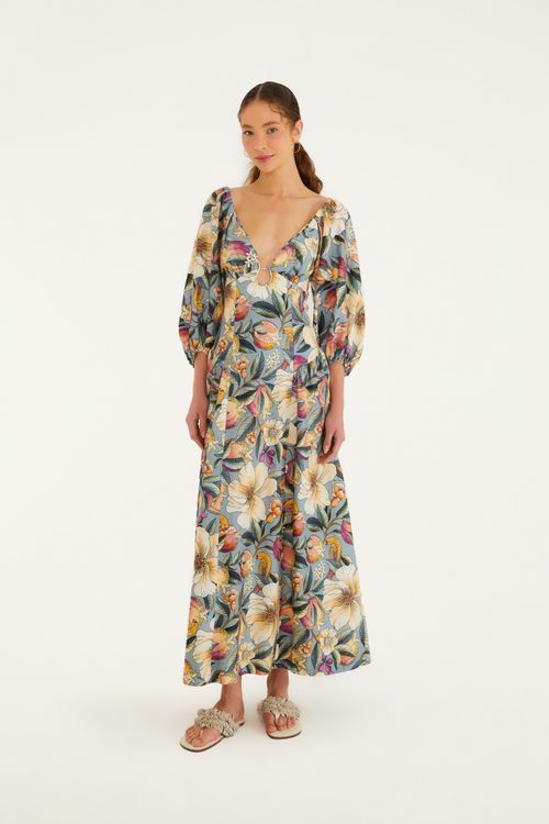 Vestido Longo Manga Romance De Flor